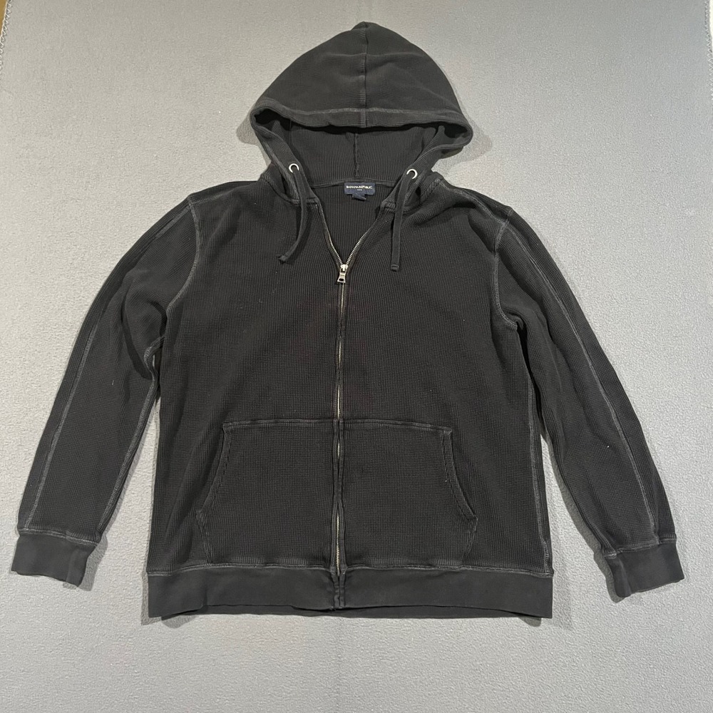 Banana Republic Waffle Knit Hoodie Mens XL Black Full Zip Cotton Thermal Sweater